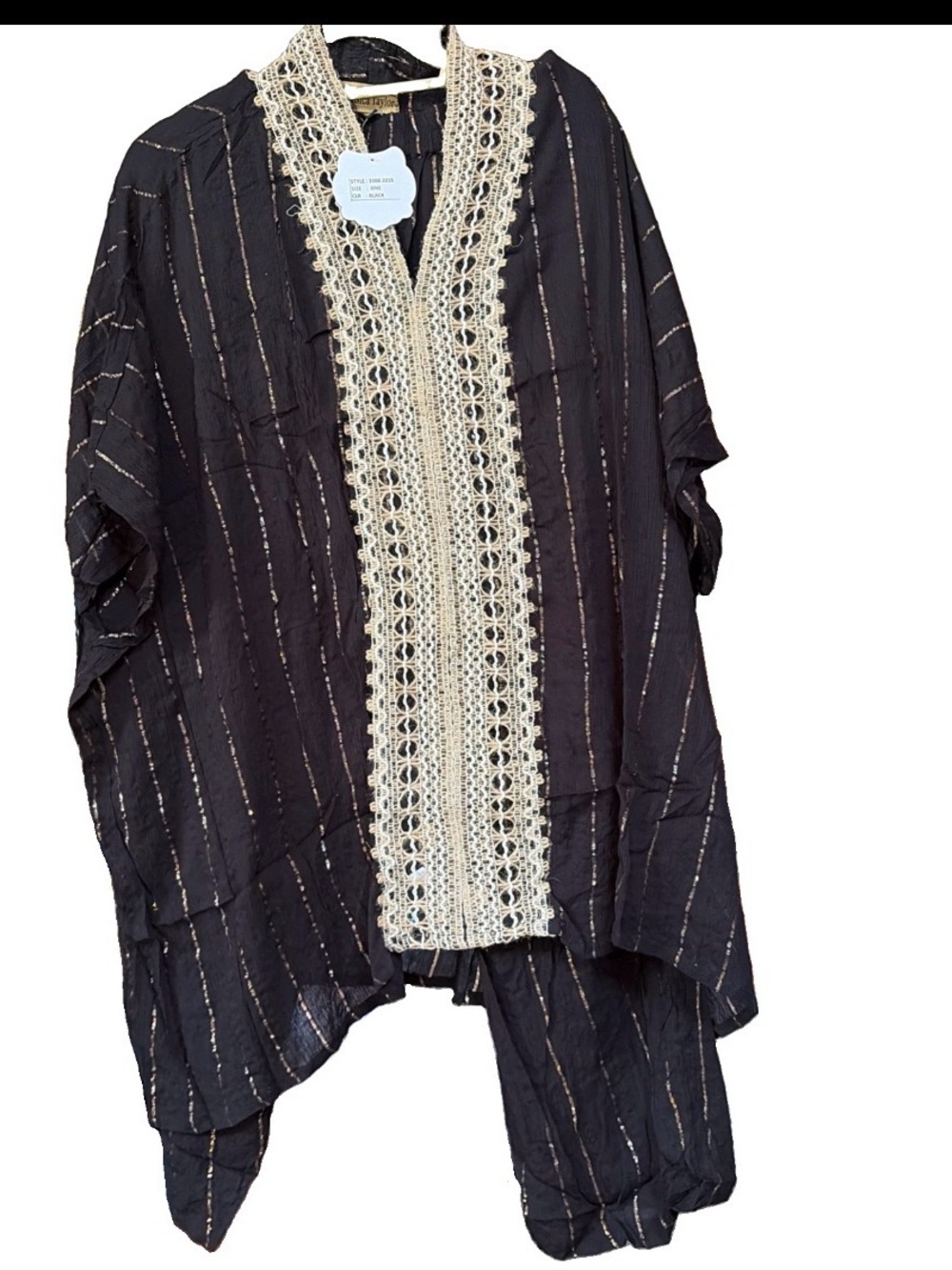 NWT ethnic boho kaftan tunic pant set 2 PCs black gold OSFM  plus